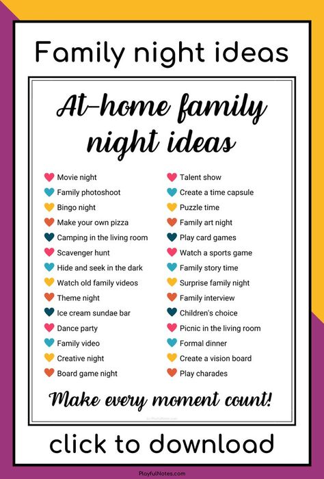 Discover 31 easy and fun at-home family night ideas that you and your kids will love! They are great for building connection and having fun together!  --- Family activities at home | Family fun Cheap Family Night Ideas, Weekly Family Night Ideas, Fun Family Challenges, At Home Family Night Ideas, Family Night In Ideas, Game Night With Family, Friday Night Family Fun At Home, Things To Do In Holidays At Home, Family Time Ideas At Home