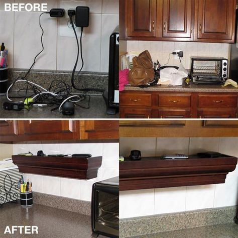 Use a simple box shelf to store all your electronic devices, to hide the cords and create more counter space. Charging Station Kitchen, Organization Apartment, Hide Cords, Trendy Diy, Charging Stations, Apartment Diy, Cord Organization, Kitchen Office, Diy Organization