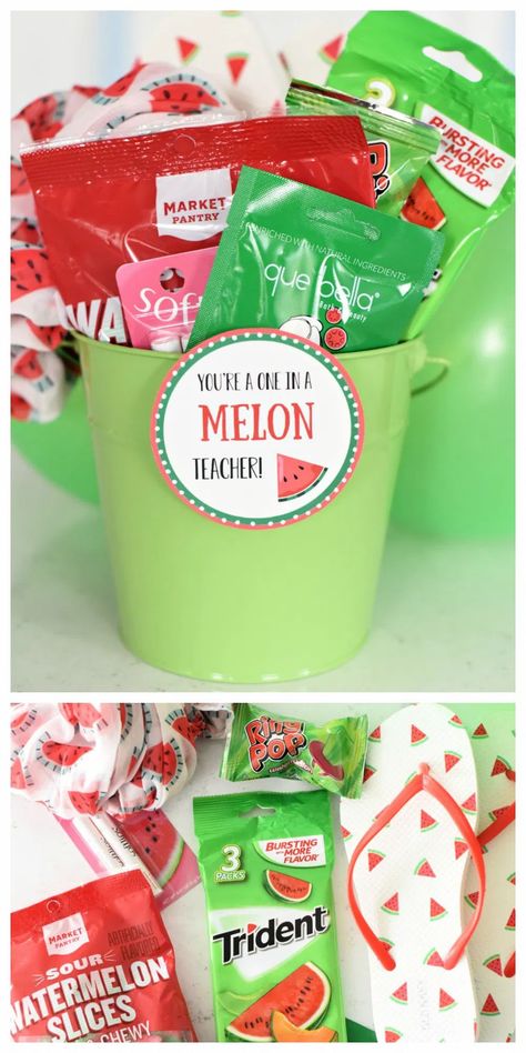 Creative Teachers Gifts, Easy Teacher Gifts, Appreciation Gifts Diy, Teacher Appreciation Gifts Diy, Cute Teacher Gifts, Teachers Diy, Themed Gift Baskets, Creative Diy Gifts, One In A Melon