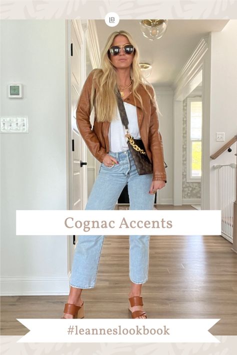 Cognac leather jacket with straight leg denim and Steve Madden block heels. Tee: slightly oversized, wearing a Med Jeans: tts Sandals: tts Steve Madden Block Heel, Leanne Barlow, Straight Leg Denim, Steve Madden, Cognac, Block Heels, Lifestyle Blog, Mom Jeans, Straight Leg