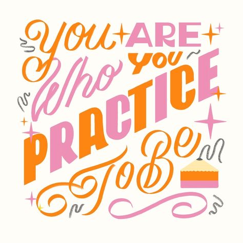 ✨ Kicking off 2024 with the mantra: 'You are who you practice to be.' 🌟 I've set this up at my desk as a daily nudge to embrace growth in all forms. This year is all about honing my skills in design, lettering, and illustration. 🎨✏️ I'm curious, what are your mantras or quotes for 2024? Let's inspire each other! 💬 Graphic Designer Quotes Creativity, Graphic Quotes Design, Creative Quotes Design, Creative Lettering Art, Illustrative Lettering, Visionary Board, New Year Lettering, Cute Typography, Motivational Typography