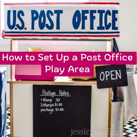 DIY Play Post Office Post Office Activities, Play Post Office, Pretend Play Post Office, Post Office Play, Post Office Dramatic Play, Dramatic Play Activities, Office Dramatic Play, Activity For Preschool, Chalkboard Stickers