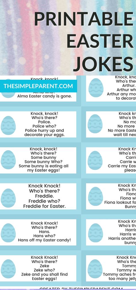 Easter Knock Knock Jokes For Kids • The Simple Parent Easter Jokes For Adults, Easter Jokes For Adults Funny, Easter Jokes For Kids, Kids Knock Knock Jokes, Knock Knock Jokes For Kids, Explain Easter To Kids, Knock Knock Who's There Jokes, Easter Jokes, Jelly Beans Easter