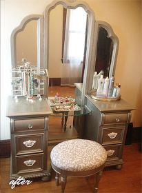 She's Creative: Satin Nickel Refinished Vanity How To Refinished Vanity, Vanity Redo, Waterfall Furniture, Mermaid Beauty, Vanity Makeover, Antique Vanity, Vanity Ideas, Trendy Makeup, Refurbished Furniture