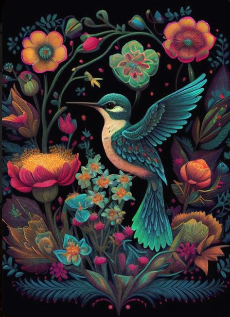 Garden Full Of Flowers, Arte Folk, Folk Art Flowers, Hummingbird Art, Lovely Flowers Wallpaper, Deco Boheme, Black Peach, Mexican Art, Large Canvas Prints