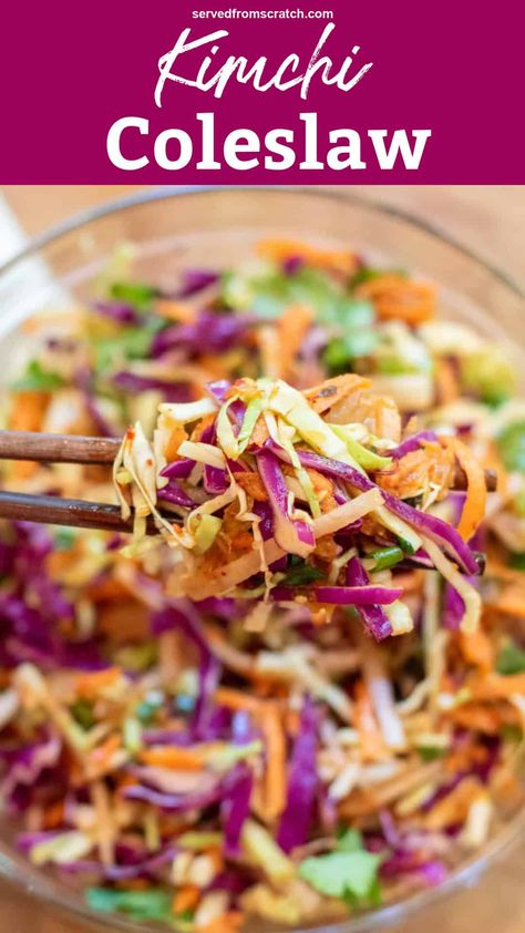 Add a little Asian flair to your summer cookouts! Our Kimchi Coleslaw combines all of the tangy, spicy flavors of the Korean staple with a cabbage slaw! It's sure to be a unique and delicious side on any table! Kimchi Slaw Recipes, Korean Slaw Recipes, Korean Coleslaw Recipe, Kimchi Coleslaw, Korean Coleslaw, Korean Slaw, Spicy Coleslaw Recipe, Asian Coleslaw Recipe, Kimchi Cabbage