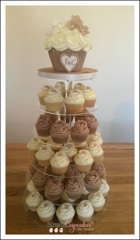 Sweet 16 Cupcake Tower, Neutral Color Cupcakes, Nude Birthday Theme, Neutral Birthday Cake, Cupcake Wedding Tower, Brown Cupcakes, Large Cupcake Cakes, Neutral Birthday, Cupcake Tower Wedding