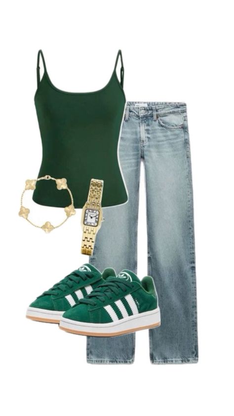 How To Style Dark Green Converse, Dark Green Campus 00s Outfit, Green School Outfits, Green Trainers Outfit, Green Adidas Campus Outfit, Adidas Campus Green Outfit, Green Campus Outfit, Green Outfit Aesthetic Summer, Green Fits Aesthetic