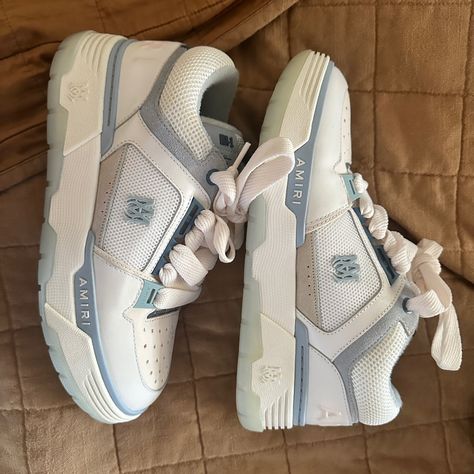 Amiri White And Blue Sneakers Never Worn Size 10 Cute Shoe Storage, Creative Shoe Storage, Shoes To Wear With Dresses, White And Blue Sneakers, Shoe Storage Hacks, Sneakerhead Room, Creative Shoes, Shoe Wishlist, Cute Nike Shoes