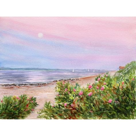 LynneValeriArtStudio - Etsy Pink Watercolour Painting, Cape Cod Painting, Ocean Sunset Painting, Beach Roses, Paintings Diy, Embroidery Landscape, Moon Sunset, Painting Moon, Pretty Paintings