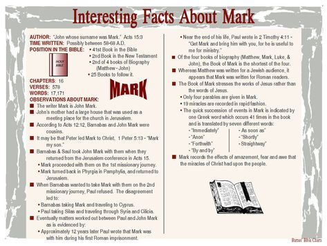 Interesting Facts about Mark Bible Highlights, Biblical Timeline, Biblical Facts, Mark Bible, Bible Summary, Bible Charts, Bible Overview, Inductive Bible Study, Bible Guide