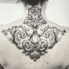 Rococo Tattoo Damask Tattoo Design, Baroque Frame Tattoo, Baroque Tattoo, Filigree Tattoo, Neck Tattoos Women, Gorgeous Tattoos, Greek Tattoos, Painting Tattoo, White Artwork