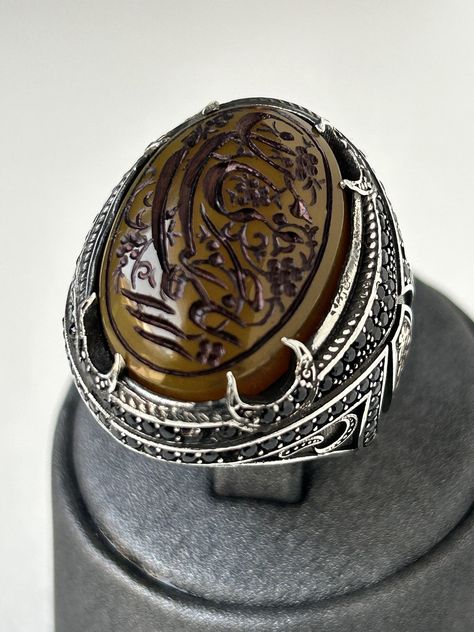 Hand Carved Ring, Claw Design, Yellow Agate, Muslim Men, Carved Ring, Agate Ring, Agate Stone, Meaningful Gifts, Handmade Art