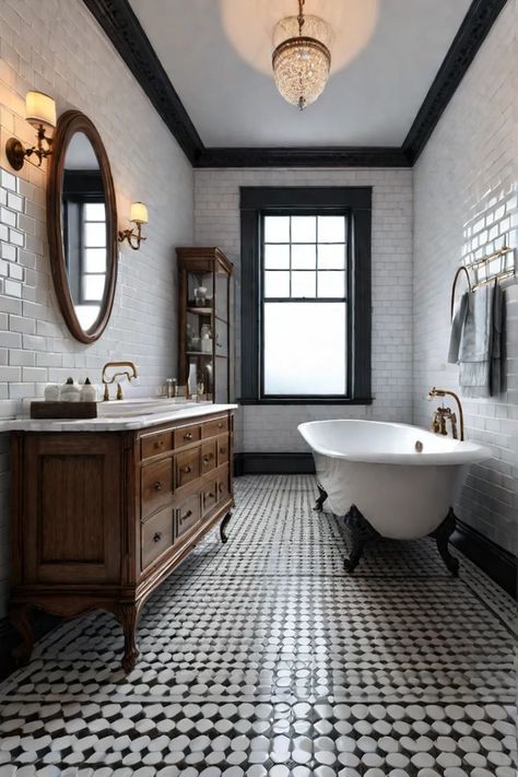 https://pin.it/64aMk8GIv Moody Bathroom Clawfoot Tub, Master Bathrooms Vintage, Vintage Modern Bathroom Ideas, Vintage Bathrooms Ideas, Bathroom With Clawfoot Tub Ideas, 1800s Bathroom, Victorian Modern Bathroom, Bathroom Victorian Style, Victorian Bathroom Remodel