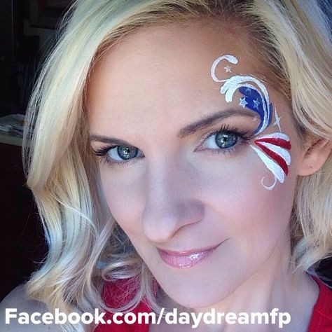 Super quick & EASY 4th of July Face Painting Design by Daydream Face Painting -  	http://www.facepaintforumshop.com/?Click=2590 Usa Facepainting, Patriotic Face Paint, Patriotic Makeup, Face Painting Supplies, 4th Of July Makeup, Face Painting Ideas, Face Paint Ideas, Patriotic Designs, Kids Face Paint