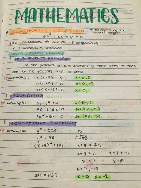 Quadratic Equations Notes, Grade 9 Math Notes, Mathematics Notes, Grade 9 Math, Equations Notes, Solving Quadratic Equations, Quadratic Equations, Math Notes, Study Flashcards