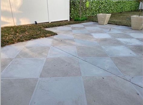 Checkered Painted Patio, Checkered Patio Pavers, Checkered Paver Patio, Checkered Patio Floor, Checkered Patio, Exterior Concrete Paint, Move To Europe, Backyard Concrete, Savannah House