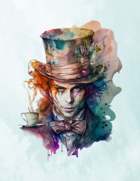 Mad Hatter Alice In Wonderland Story - Rosa'le's Art Studio Alice In Wonderland Modern, Alice In Wonderland Watercolor, Mad Hatter Alice In Wonderland, Hatter Alice In Wonderland, Alice In Wonderland Clipart, Kids Room Wall Art, Blue Watercolor, Mad Hatter, Watercolor Background