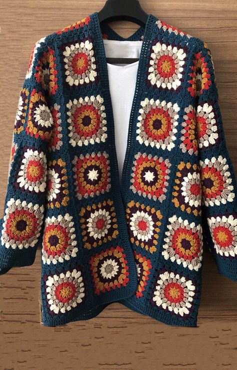 15 Crochet Granny Square Jacket Cardigan Free Pattern Pola Kardigan, Pola Sweater, Jaket Crochet, Granny Square Crochet Cardigan, Pola Jaket, Crochet Cardigan Tutorial, Granny Square Cardigan, Square Cardigan, Granny Square Sweater