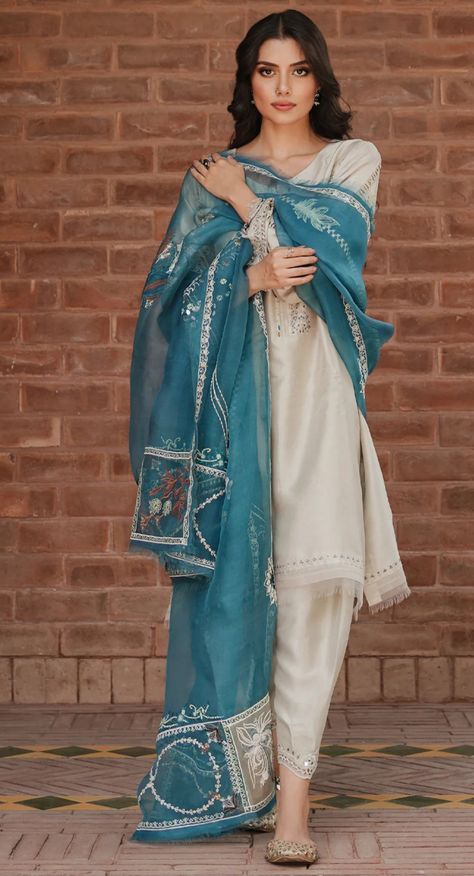 Dupatta And Shawl Together, Indian Wedding Outfits Simple, Simple Indian Suits Classy, Pakistani Eid Dress Ideas, Suit Pakistani Style, Simple Eid Outfits, Pakistani Suit Designs, Eid Dress Design, Pakistani Salwar Suit