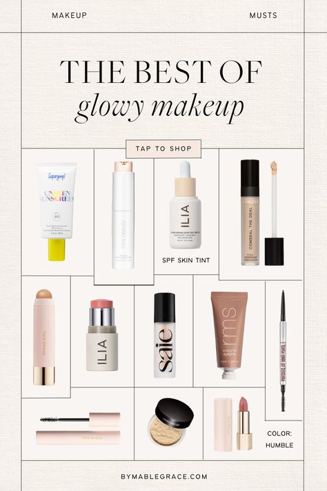 The Best of Glowy Makeup Makeup Products Shuffle, No Makeup Look Products Natural, Makeup Products For Natural Look, Dewy Skin Makeup Products, Natural Glowy Makeup Products, Dewy Makeup Look Products, Dewey Makeup Products, Dewy Makeup Routine, Glowy Makeup Products Drugstore