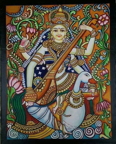 Saraswati Painting, Mural Art Design, Kalamkari Painting, Kerala Mural Painting, Pichwai Paintings, Indian Painting, Goddess Artwork, Tanjore Painting, Indian Folk Art