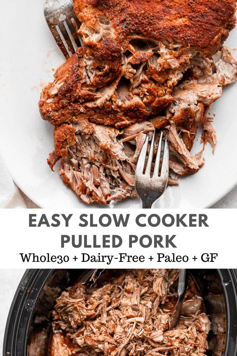 Easy Slow Cooker Pulled Pork - an easy and delicious pulled pork recipe that is perfect for a crowd! (Whole30 + Paleo + GF) #pulledpork #slowcookerpulledpork #crockpotpulledpork #paleorecipes #whole30recipes Easy Pulled Pork Slow Cooker, Wooden Skillet, Pulled Pork Recipe Slow Cooker, Weekend Meal Prep, Easy Pulled Pork, Paleo Slow Cooker, Pulled Pork Recipe, Crockpot Pulled Pork, Slow Cooker Recipe