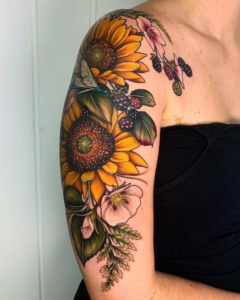 Sunflower half sleeve tattoo Sunflower Tattoo Meaning, Sunflower Tattoo Sleeve, Sunflower Tattoo Shoulder, Pumpkin Tattoo, Ribbon Tattoos, Tattoos For Women Half Sleeve, Sunflower Tattoos, Botanical Tattoo, Sunflower Tattoo Design