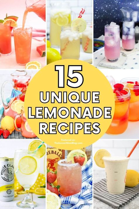 If you love lemonade, you've got to try one of these fun spins on the classic summertime drink! These lemonade recipes are unique and delicious and there are a few cocktail recipes too! Fun Lemonade Drinks, Unique Lemonade Recipes, Lemonade Stand Recipes, Flavored Lemonade Recipes With Syrup, Lemonade Flavor Ideas, Loaded Lemonade, Flavoured Lemonade, Spiced Lemonade, Pickle Lemonade