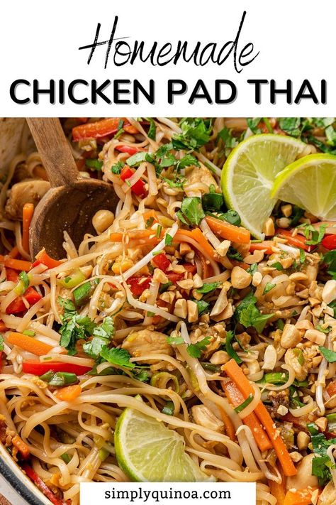 Now you can make Homemade Chicken Pad Thai in your own kitchen. This is a fun recipe that comes together in only 35 minutes. This Chicken Pad Thai is a complete meal, so you don’t need to serve it with anything else. But I like to often serve it with a fun appetizer like dumplings or Asian quinoa slaw. Pork Pad Thai, Heart Healthy Chicken Recipes, Chicken Pad Thai Recipe, Healthy Pad Thai, Asian Quinoa, Thai Chicken Recipes, Chicken Pad Thai, Thai Recipe, Pad Thai Recipe