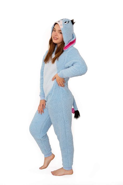 PRICES MAY VARY. OFFICIALLY LICENSED DISNEY WINNIE THE POOH PRODUCT DETAILED 3D EEYORE DESIGN - Do you love Winnie The Pooh's loveable character, Eeyore? Now you can turn yourself into a giant plush stuffed animal version of him with this costume pajama outfit! It features a detailed, embroidered character face and 3D ear design on the hood as well as an attached tail with bow. SUPER SOFT SHERPA FLEECE - This Eeyore plush pajama union suit is made of an ultra-soft, fuzzy sherpa fleece fabric tha Winnie The Pooh Eeyore, Pajama Costume, Pajama Outfit, Suit Costume, Union Suit, One Piece Pajamas, Disney Ladies, Pooh Bear, Disney Winnie The Pooh