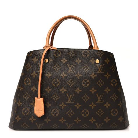 This is an authentic LOUIS VUITTON Monogram Montaigne MM. This chic tote is crafted of Louis Vuitton monogram toile canvas. The bag features rolled vachetta leather top handles, an optional toile canvas shoulder strap, and gold hardware. The top is open to a partitioned plum purple microfiber interior with zipper and patch pockets. Plum Purple, Authentic Louis Vuitton, Leather Top, Gold Hardware, Louis Vuitton Monogram, Patch Pocket, Plum, Shoulder Strap, Handles