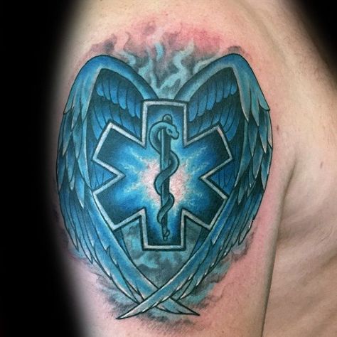 Guys Angel Wings Star Of Life Emt Upper Arm Tattoos Star Of Life Tattoo Ems, Dark Star Tattoo, Star Face Tattoo, Paramedic Tattoo, Clouds And Stars Tattoo, North Star Tattoos, Ems Tattoos, Small Star Tattoos, Fire Fighter Tattoos