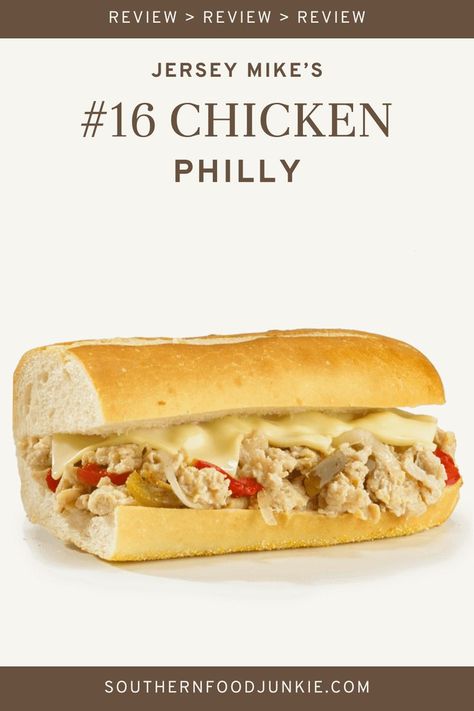 Jersey Mike's Chicken Philly sandwich features grilled chicken smothered with melted white American cheese, grilled onions, green peppers, and mushrooms, all served on a freshly baked roll. It offers a flavorful twist on the classic Philly cheesesteak, perfect for chicken lovers. Jersey Mikes Chicken Cheesesteak Recipe, Chicken Cheesesteak Recipe, Jersey Mikes, White American Cheese, Chicken Philly Cheesesteak, Philly Sandwich, Chicken Cheesesteak, Peppers And Mushrooms, Chicken Subs