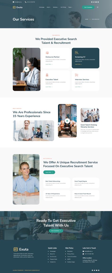 Exuta - Executive Search & Recruitment Service Elementor Template Kit Our Services Website Design, Service Section Website Design, Recruitment Website Design Inspiration, How We Work Web Design, Why Us Page Design, Services Section Web Design, Services Page Design Website, Service Page Design, Services Page Design