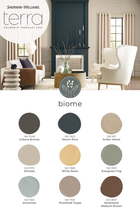 Paint Colors For 2023, Sherwin Williams Color Schemes, Living Room Curtains Ideas, Room Curtains Ideas, Earth Tones Paint, Sherwin Williams Color Palette, Earth Tone Color Palette, Interior Wall Colors, Trending Paint Colors