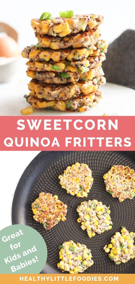 These sweetcorn fritters are a great finger food for kids and toddlers. Delicious hot or cold, theres kid friendly vegetable fritters are so versatile. Enjoy them at breakfast, pack them into the lunchbox or make them part of a quick and easy lunch or dinner. Gluten-free and dairy-free with an egg-free substitute. #fingerfood #fritters #kidsfood #lunchbox #sweetcornfritters #dairyfree #glutenfree #lunch #kidslunch #fingerfood Finger Food For Kids, Sweetcorn Fritters, Sweet Corn Fritters, Vegetable Fritters, Finger Foods For Kids, Toddler Dinner, Vegetarian Sausages, Quick Lunch Recipes, Food For Kids