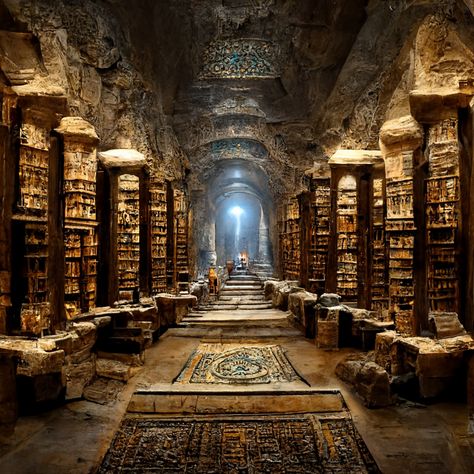 library of Alexandria underground scrolls books desks torches ancient 4K arabesque detailed dark old architecture large hall academia ruins untouched overgrown Petra stone wood Ancient Egypt Aesthetic, Abandoned Library, Ancient Alexandria, Ancient Library, Egypt Aesthetic, Library Of Alexandria, World Library, Library Architecture, Old Library