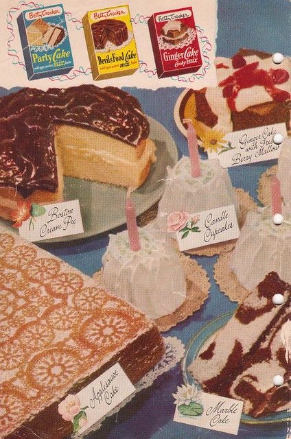 "Betty Crocker's Cake Mix Magic" 2 | (Back cover) 1951 | saltycotton | Flickr Betty Crocker Cake Mix, Betty Crocker Cake, 귀여운 음식 그림, Retro Sweets, Ginger Cake, Vintage Baking, Vintage Dessert, Vintage Cooking, Food Ads