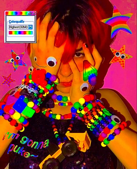 2000s Y2k Aesthetic, Kidcore Fashion, Scene Kid Art, Kid Core Aesthetic, Eyestrain Art, 2000s Scene, My Pronouns, Scene Core, Kidcore Aesthetic