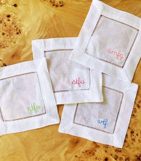 Summer Embroidered Cocktail Napkins Hostess Gift Classic - Etsy Cocktail Napkins Embroidered, Embroidered Cocktail Napkins, Monogram Cocktail Napkins, Shower Curtain Monogram, Embroidery Hoop Art Diy, Dinner Club, Linen Cocktail Napkins, Embroidered Handkerchief, Embroidered Napkins