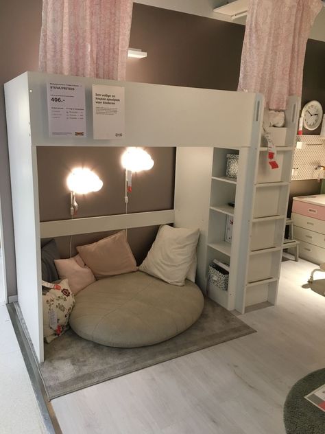 Loft Bed With Slanted Ceiling, Ikea Storage Living Room Ideas, Ikea Loft Bed For Girls Room, Underbed Hideout, Teen Room With Loft Bed, Teen Room Loft Bed, Ikea Loft Bed Ideas For Teens, Loft Bed Girls Room Ideas, Loft Bed Teen