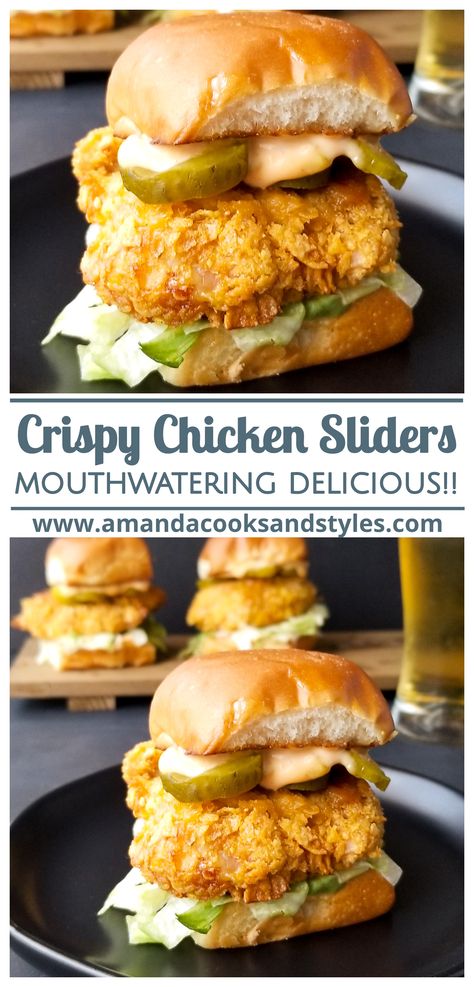 Best Oven Fried Chicken, Fried Chicken Sliders, Baked Fried Chicken, Sliders Recipes Chicken, Sriracha Aioli, Slider Sandwiches, Dill Pickle Chips, Pickle Chips, Chicken Sliders