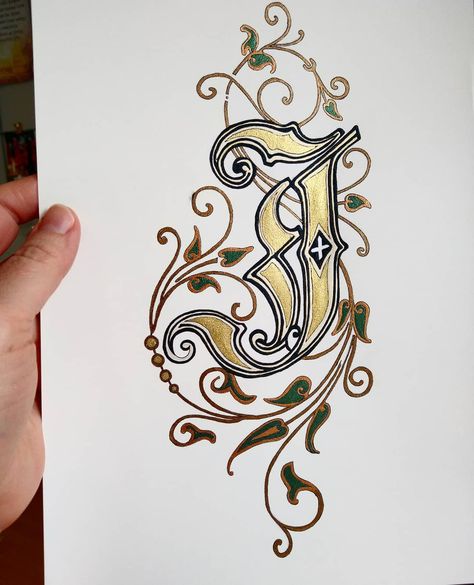 Letter J all done. Prints available in a few days time. #goldletterj #goldj #blackandgoldlettering #allthatisgoldlettering… J With Heart, Calligraphy J, Calligraphy Fonts Alphabet, Alphabet Lettering, Lettering Styles Alphabet, Tattoo Lettering Styles, Gold Art Painting, Stylish Alphabets, Alfabet Letters