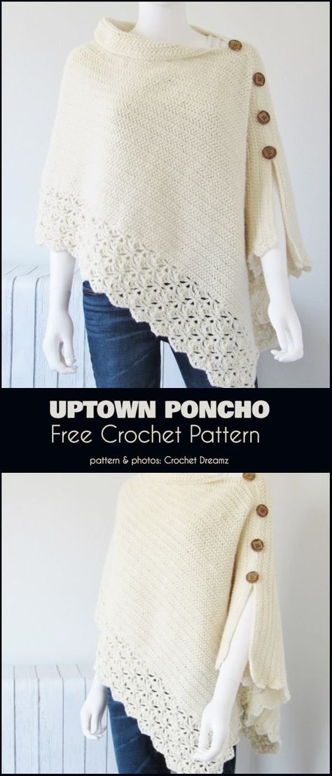 Uptown Poncho Free Crochet Pattern | Your Crochet | Bloglovin’ Knitting Poncho, Crochet Poncho Free Pattern, Poncho Knitting Patterns, شال كروشيه, Irish Crochet Dress, Mode Crochet, Crochet Poncho Patterns, Poncho Pattern, Crochet Jacket