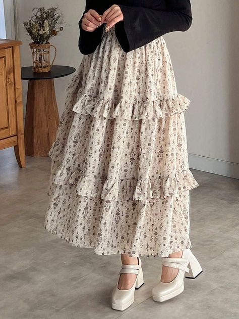 FRIFUL Women'S A-Line Skirt With All-Over Print And Ruffle TrimI discovered amazing products on SHEIN.com, come check them out! Uni Fits, Women Skirts, Girly Stuff, Glam Dresses, Ditsy Floral, College Outfits, Fit Girl, Outfits Ideas, A Line Skirt