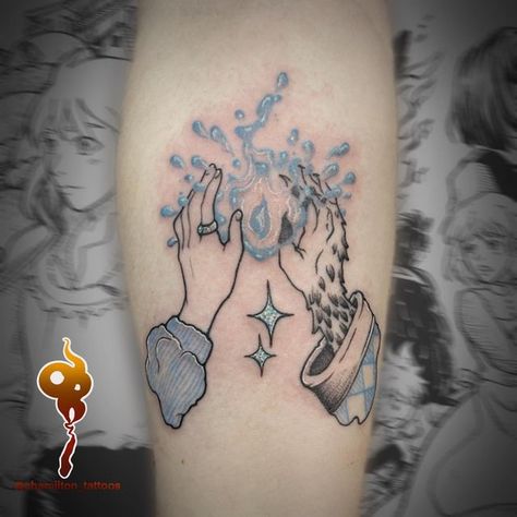 Anime Tattoos Howls Moving Castle, Subtle Howls Moving Castle Tattoo, Howl’s Moving Castle Star Tattoo, Matching Ghibli Tattoos, Howls Moving Castle Tattoo Ideas, Howls Moving Castle Tattoo Minimalist, Howl And Sophie Tattoo, Castle In The Sky Tattoo, Howls Moving Castle Nails