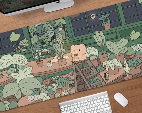 Cute Desk Mat, Desk Mat Pad, Kawaii Desk, Anime Desk, Green Desk, Gaming Desk Mat, Bunny And Bear, Monstera Leaves, Lo Fi