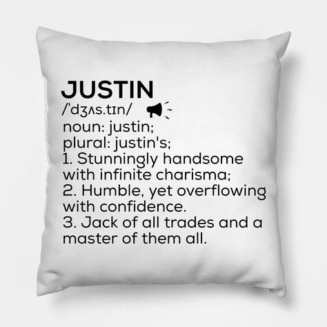 Justin Name Definition Justin Meaning Justin Name Meaning - Justin Male Name , Justin Name , Buy your Justin Name Gifts, Justin Name Shirts, Justin Name Stickers, Justin Name Hoodies, Justin Name Mugs, Justin Name Masks now. -- Choose from our vast selection of throw pillows to match with your desired size to make the perfect custom pillow. Pick your favorite: Movies, TV Shows, Art, and so much more! Available in extra small, small, medium, large. For beds, couches/sofas, love seats, and chairs. Justin Name Meaning, Andrew Name Meaning, Justin Name, Nancy Name, Austin Name, Ryan Name, Name Shirts, Baby Names And Meanings, Female Names