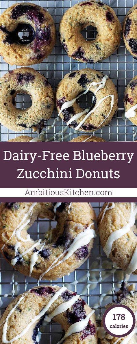 Beautiful whole wheat zucchini donuts bursting with fresh juicy blueberries & drizzled with white chocolate! These are not to be missed. Zucchini Donut Recipe, Zucchini Doughnut, Homemade Donut, Blueberry Zucchini, White Chocolate Drizzle, Homemade Donuts Recipe, Healthy Donuts, Cronut, Ambitious Kitchen